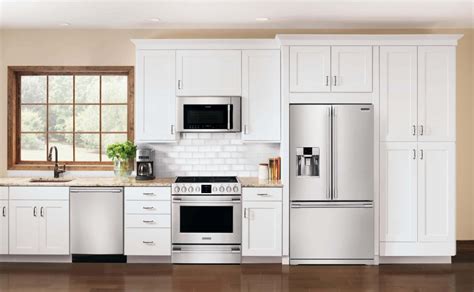 white or stainless steel appliances to match white shaker cabinets|stainless steel appliances for kitchen.